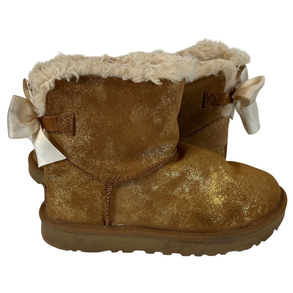 UGG Gita Gold Glitter Bow Chestnut Suede Sheepskin Women's Boots Size 6